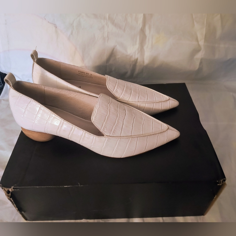 JEFFREY CAMPBELL Viona Croc Textured Patent Point Loafers Wooden Heel White